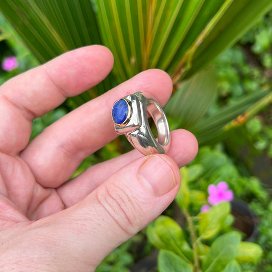 Heavy Carved Silver Lapis Set Ring