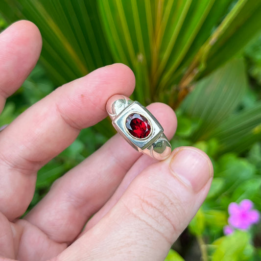 Heavy Carved Silver Bohemian Garnet Set Ring