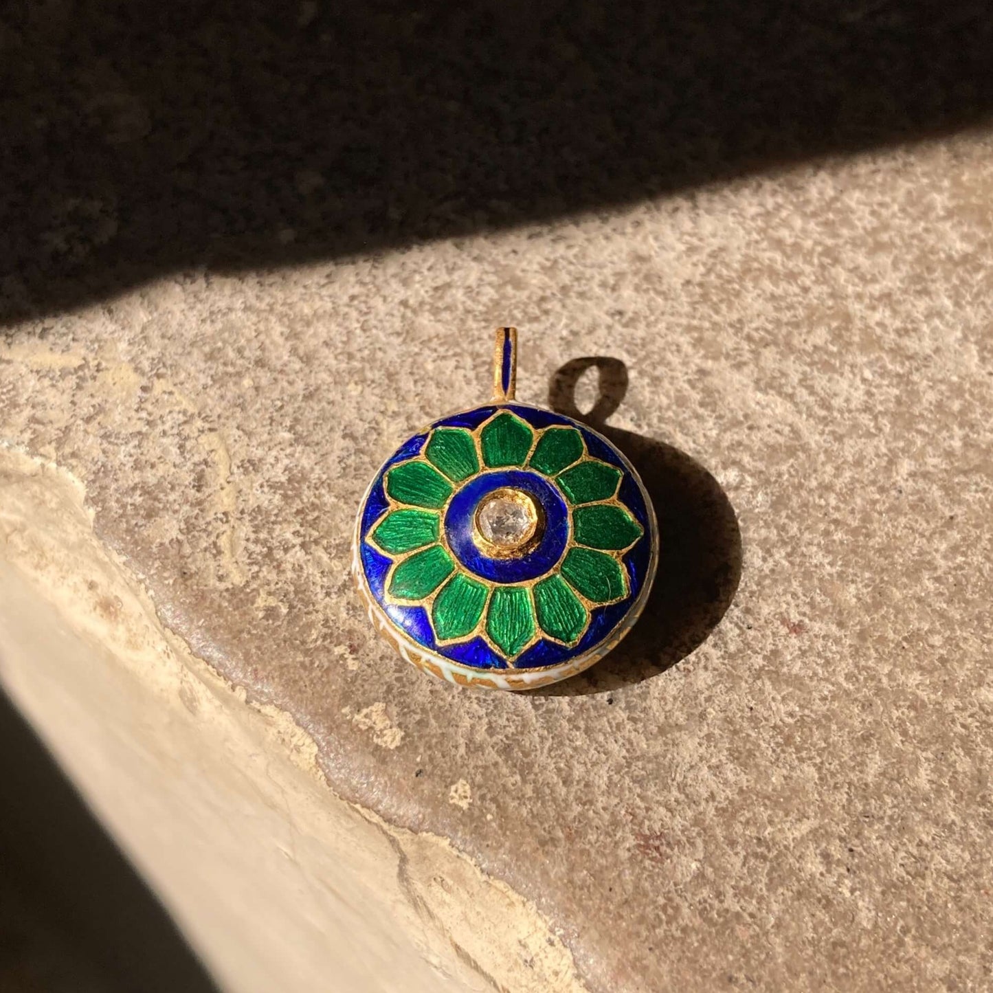 Double Sided Diamond Set Enamel Pendant.